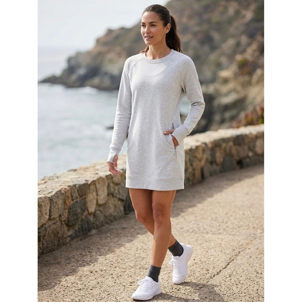 Athleta Coaster Luxe Sweatshirt Dress Grey Heather XS Thumbhole Zip Pockets Mini